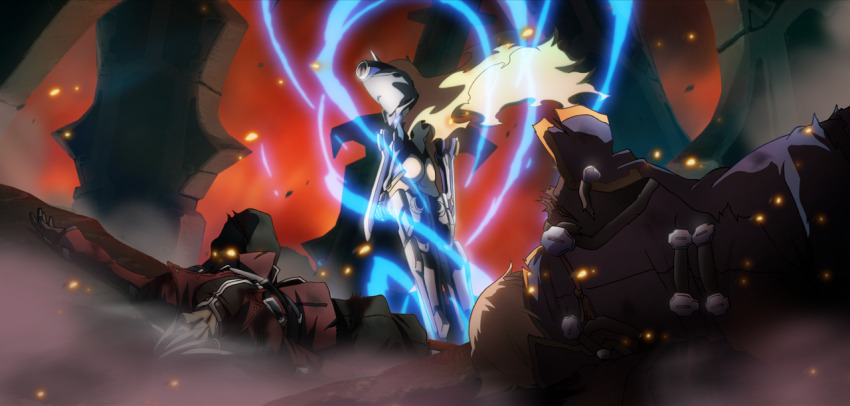 1girl 2boys ass blazblue blazblue:_chronophantasma blonde_hair defeat kisaragi_jin mecha_musume mu-12 multiple_boys official_art ragna_the_bloodedge tagme
