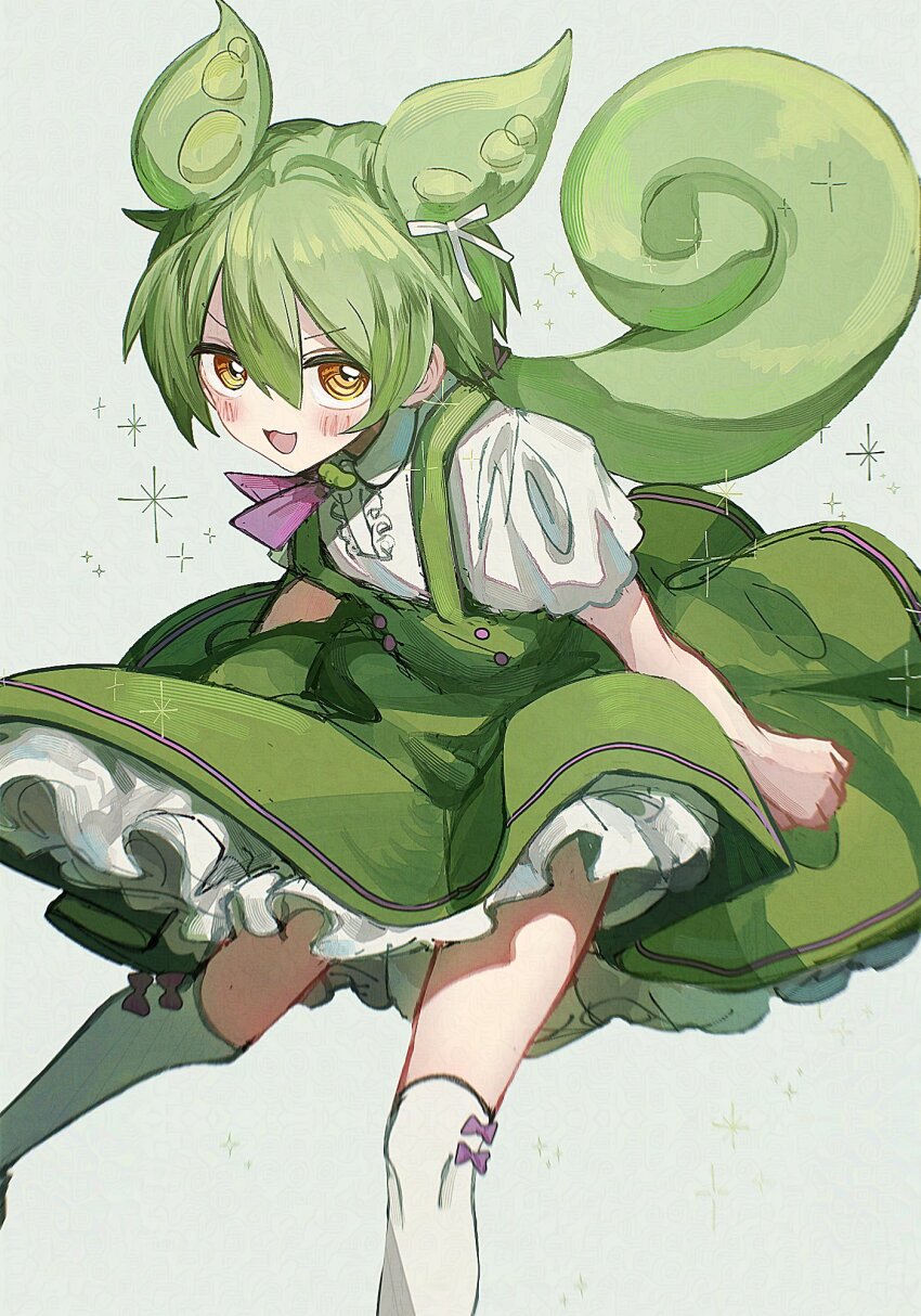 1girl artist_request dress green_dress green_hair highres looking_at_viewer ojou-sama_zundamon original solo sparkle tail thighhighs white_thighhighs zundamon