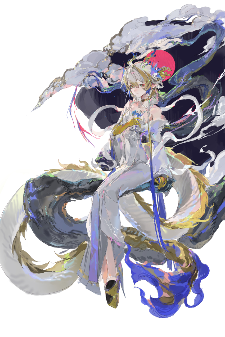 1girl absurdres ambience_synesthesia arknights bare_shoulders blonde_hair blue_hair breasts chinese_commentary choker closed_mouth collarbone colored_extremities commentary_request dragon_girl dragon_horns dragon_tail dress eyeliner floating full_body green_eyes grey_dress grey_hair hair_between_eyes highres horns jewelry light_smile long_dress long_hair looking_at_viewer makeup medium_breasts multicolored_hair necklace off_shoulder official_alternate_costume orange_eyeliner orange_pupils pearl_necklace pointy_ears qingfeng_canying shu_(arknights) simple_background sketch solo tail white_background yellow_choker