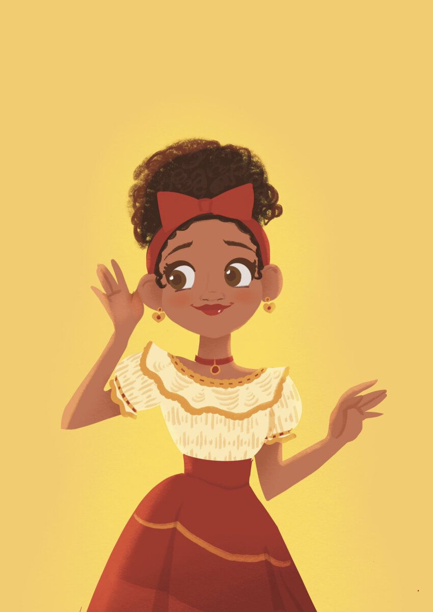 1girl bow brown_eyes brown_hair choker curly_hair dark-skinned_female dark_skin dolores_madrigal dress earrings encanto hair_bow heart heart_earrings highres jewelry maruta_ya red_bow red_choker shirt simple_background skirt smile solo very_dark_skin