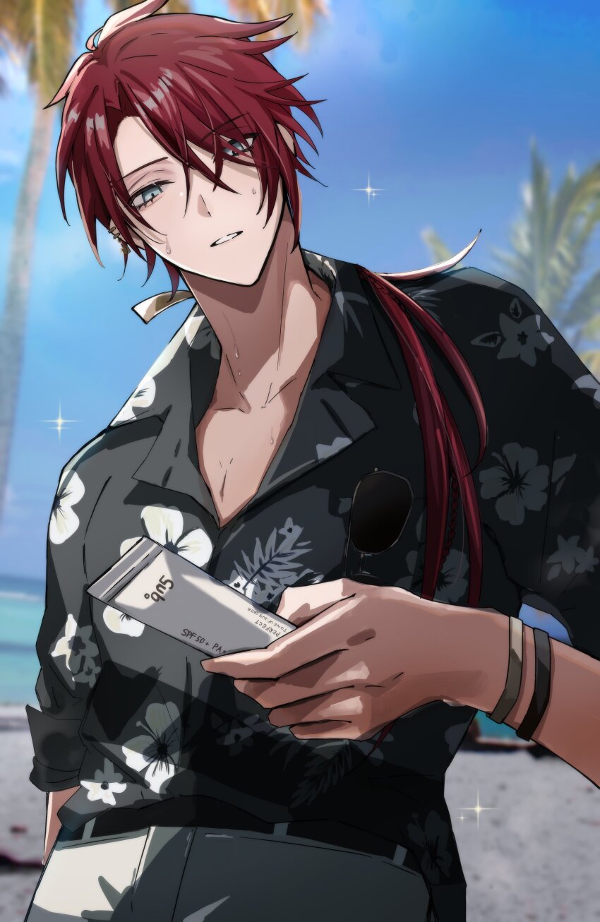1boy absurdres blurry blurry_background collarbone commentary_request eyes_visible_through_hair floral_print floral_print_shirt goke_kanemitsu hawaiian_shirt head_tilt hibiscus_print highres holding long_hair looking_at_viewer low_ponytail male_focus outdoors palm_tree parted_lips pectoral_cleavage pectorals ponytail print_shirt red_hair shirt solo sparkle touken_ranbu tree upper_body yano_(merico_jp)