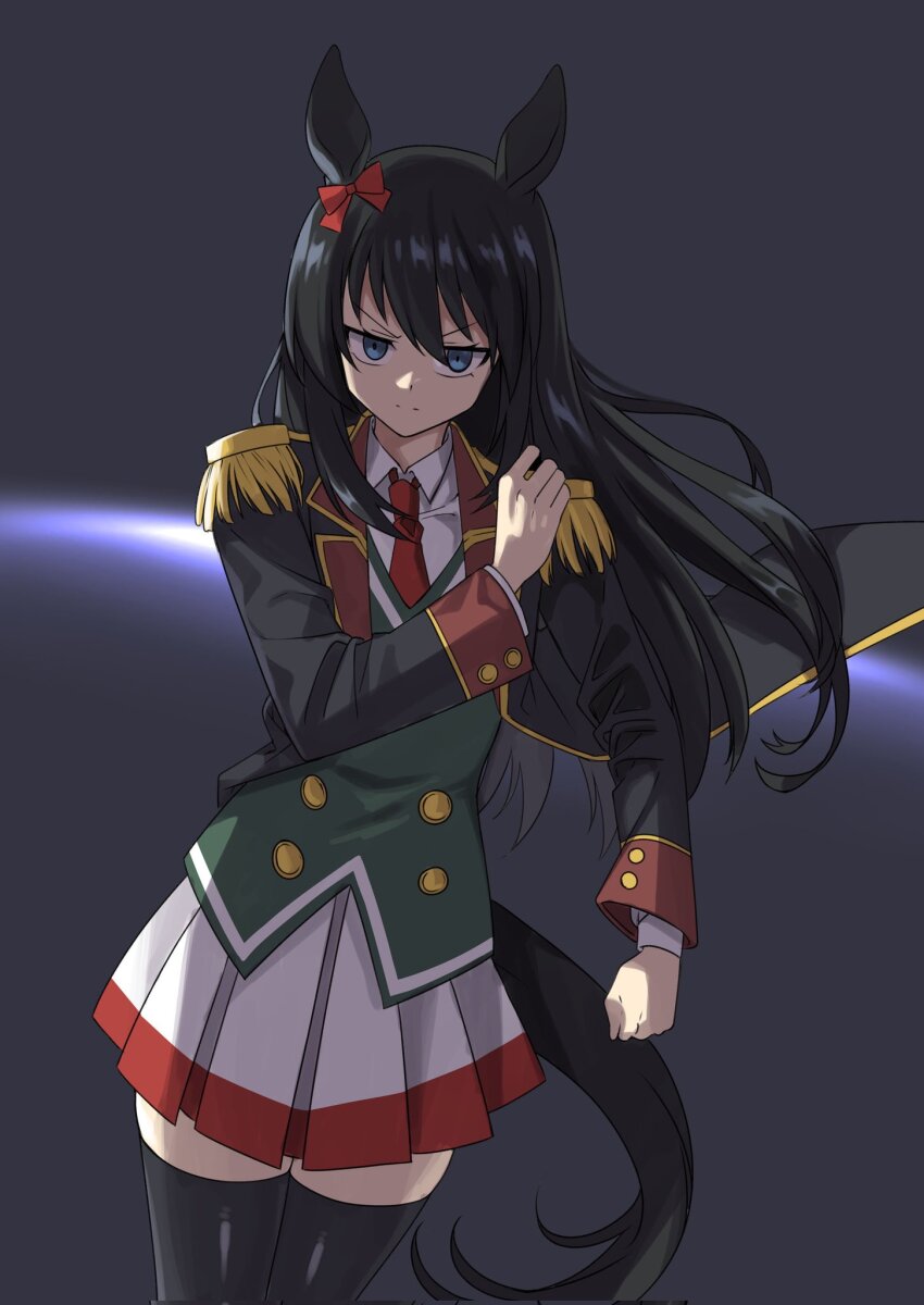 1girl animal_ears black_hair blue_eyes bow buttons commentary cowboy_shot double-breasted ear_bow epaulettes fukuro_(maruaru00) furrowed_brow genderswap genderswap_(mtf) green_jacket grey_background hair_between_eyes highres horse_ears horse_girl horse_tail jacket long_hair long_sleeves looking_at_viewer necktie original personification pleated_skirt red_bow red_necktie skirt solo symboli_kris_s_(racehorse) tail umamusume v-shaped_eyebrows white_skirt