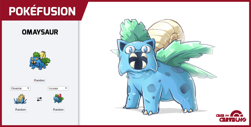 animal_focus blue_eyes character_name claws commentary_request full_body fusion game_freak gen_1_pokemon ivysaur looking_at_viewer nintendo no_humans omastar open_mouth pokemon pokemon_(creature) shell simple_background spanish_commentary standing tsunami_hisoka white_background