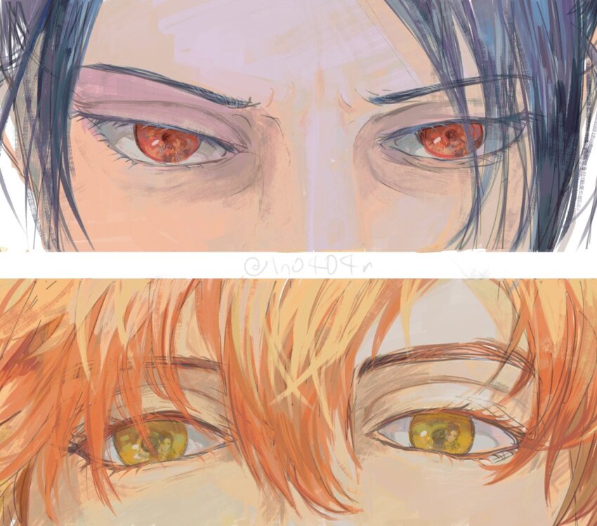 1no404n 2boys black_hair close-up colored_eyelashes eye_focus eye_reflection eyelashes felix_hugo_fraldarius fire_emblem fire_emblem:_three_houses hair_between_eyes looking_ahead male_focus multiple_boys nintendo orange_eyes orange_hair red_eyes reflection sylvain_jose_gautier twitter_username