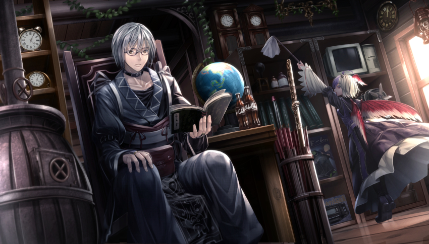 1boy 1girl alarm_clock barcode_battler blurry brown_eyes choker clock closed_umbrella computer depth_of_field dress dusting electric_fan fallout glasses globe grey_horns highres horns hourglass ivy japanese_clothes lantern morichika_rinnosuke multicolored_hair nuka_cola pantyhose reading ryosios silver_hair sitting slice_of_life stove sword tiptoes tokiko_(touhou) touhou umbrella umbrella_stand weapon wings yin_yang