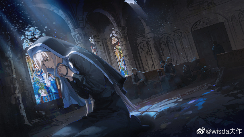1girl arch beads bianca_(pgr) black_footwear black_robe blonde_hair chinese_commentary chisel church commentary green_eyes habit highres interlocked_fingers kneeling light_particles light_rays long_hair mob_face nun official_art official_wallpaper own_hands_together people pew pillar prayer_beads praying punishing:_gray_raven robe rolling_suitcase rubble sitting solo_focus spotlight stained_glass standing suitcase tearing_up tears traditional_nun two-sided_fabric veil very_long_hair watermark weibo_watermark wisda