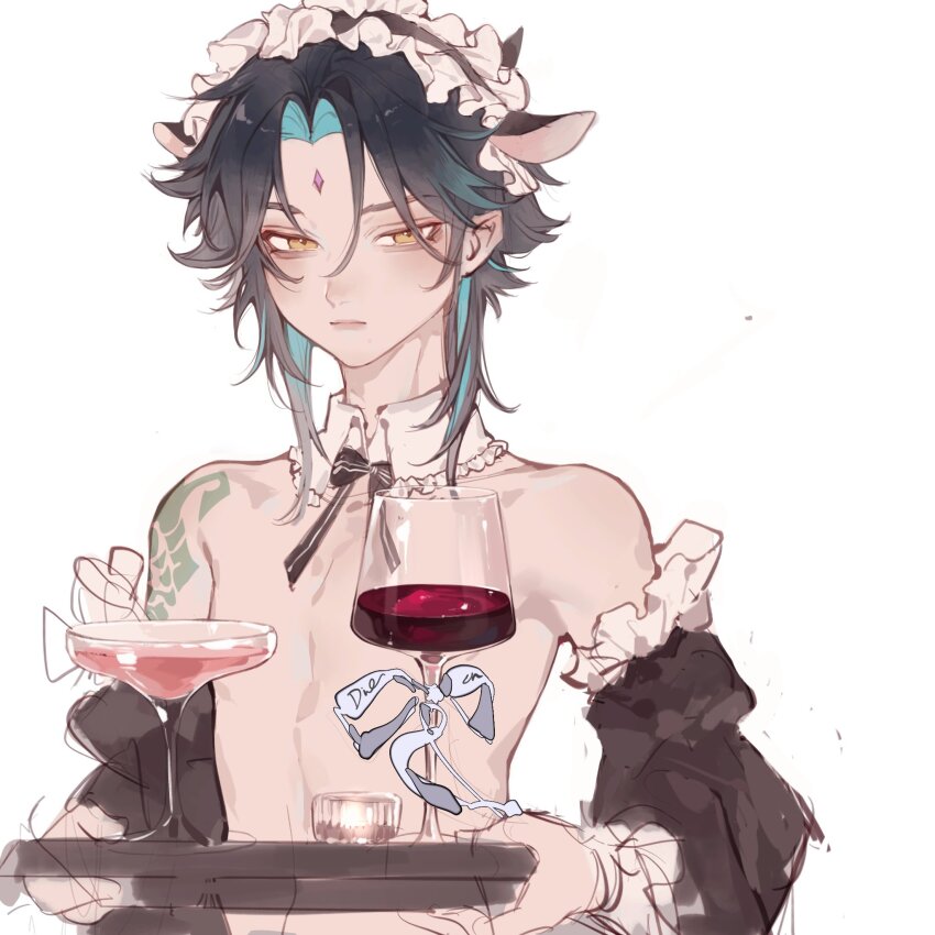 1boy :i animal_ears black_bow black_bowtie black_hair blush bow bowtie closed_mouth cocktail cocktail_glass collar convenient_censoring cow_ears cup detached_collar detached_sleeves doupu41 drinking_glass facial_mark forehead_mark genshin_impact green_hair highres holding holding_tray looking_at_viewer maid maid_headdress male_focus multicolored_hair shoulder_tattoo simple_background solo tattoo topless_male tray two-tone_hair upper_body white_background white_collar xiao_(genshin_impact) yellow_eyes