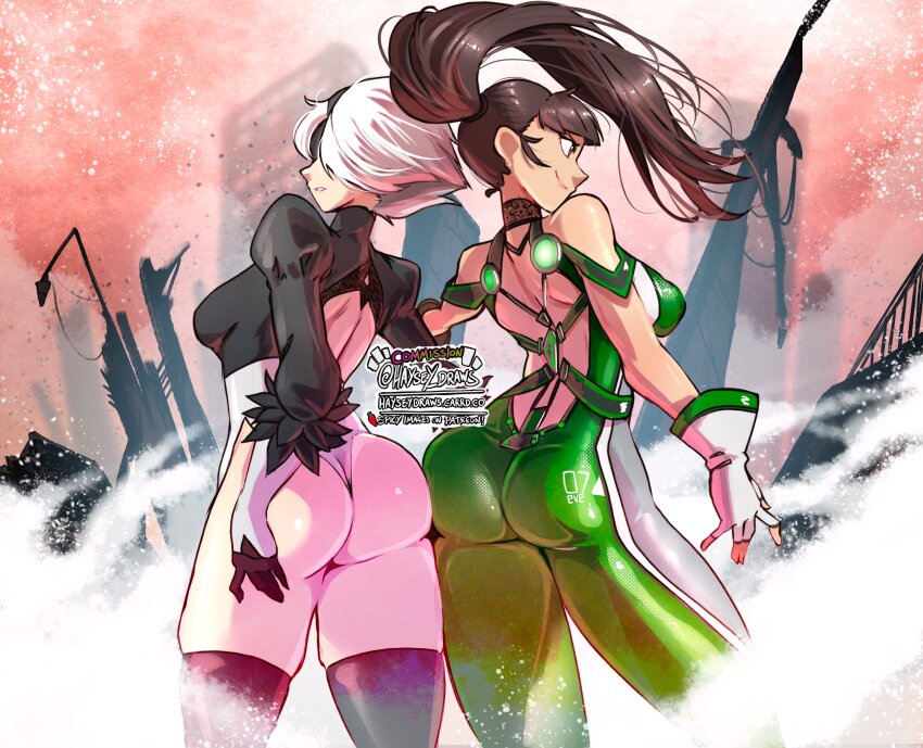2b_(nier:automata) 2girls absurdres ass ass-to-ass ass_focus black_blindfold black_hair blindfold blunt_bangs bodysuit breasts brown_eyes brown_hair crossover eve_(stellar_blade) facing_away green_bodysuit hairband haysey highres juliet_sleeves leotard long_hair long_sleeves multicolored_bodysuit multiple_girls nier:automata nier_(series) planet_diving_suit_(7th)_(stellar_blade) ponytail puffy_sleeves short_hair skin_tight smirk stellar_blade thighs very_long_hair white_hair