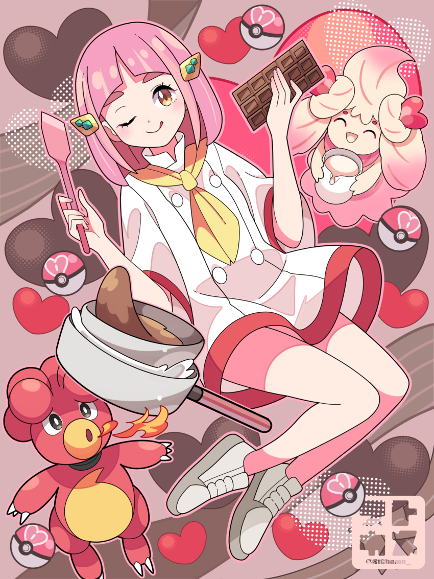 1girl ;q alcremie arched_bangs ascot buttons candy chocolate chocolate_bar closed_mouth cosplay crispin_(pokemon) crispin_(pokemon)_(cosplay) eyelashes fire food gen_2_pokemon gen_8_pokemon heart highres holding jacket lacey_(pokemon) looking_at_viewer love_ball magby nintendo one_eye_closed pink_hair poke_ball pokemon pokemon_(creature) pokemon_sv shoes short_sleeves smelt_chocolate smile sutokame tongue tongue_out white_jacket yellow_ascot yellow_eyes