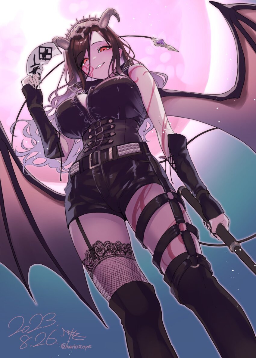 1girl artist_name asymmetrical_legwear belt black_corset black_hair black_shirt black_shorts black_thighhighs breasts corset dated demon_horns demon_tail demon_wings facial_hair feet_out_of_frame garter_straps grin hairband heart heart_tattoo herio highres holding holding_mask holding_whip horns huge_breasts lace lace-trimmed_legwear lace_trim large_breasts light_particles long_hair looking_at_viewer mask moon nijisanji orange_eyes pink_moon pointy_ears shirayuki_tomoe shirayuki_tomoe_(9th_costume) shirt shorts signature smile solo spiked_hairband spikes standing swept_bangs tail tattoo thighhighs virtual_youtuber white_belt wings