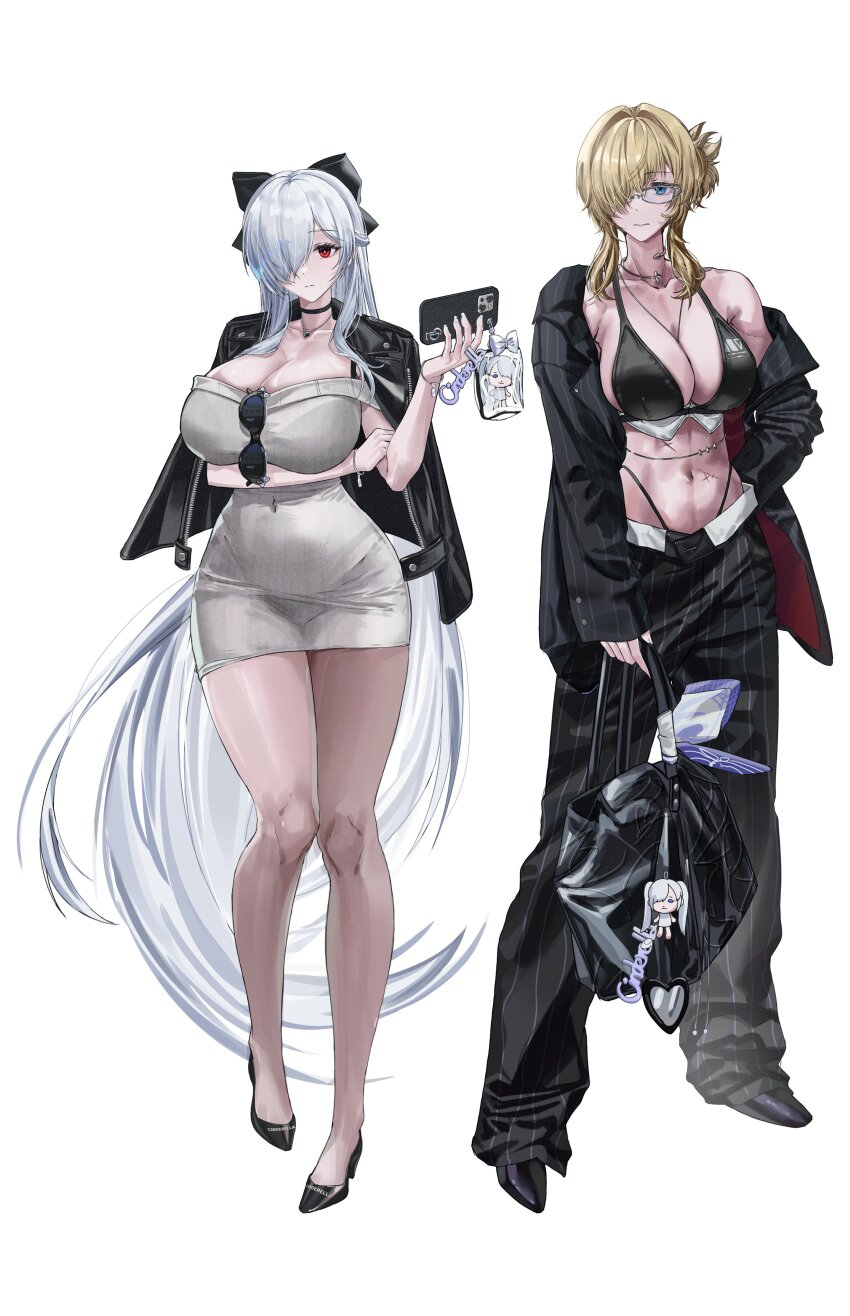 1girl absurdres black_pants blonde_hair blue_eyes breasts choker cinderella_(beautiful_me)_(nikke) cinderella_(nikke) cleavage collar cross cross_choker disgustingtokki dress eyewear_hang formal_clothes glasses goddess_of_victory:_nikke grave_(beautiful_you)_(nikke) grave_(nikke) grey_dress hair_over_one_eye highres jacket jewelry large_breasts long_hair metal_collar necklace necklace_between_breasts official_alternate_costume pants pinstripe_jacket pinstripe_pants pinstripe_pattern pinstripe_suit ponytail red_eyes scar scar_on_stomach short_ponytail suit unworn_eyewear white_hair