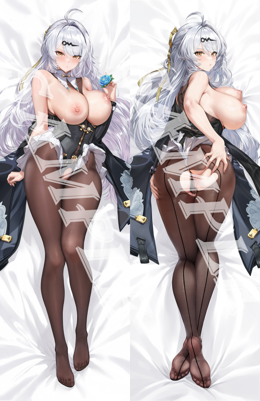 ass black_pantyhose black_unitard breasts dakimakura_(medium) double_dakimakura_(medium) grey_hair highres long_hair long_legs lying nipples official_alternate_costume on_back pantyhose sample_watermark single_hair_intake toyoman watermark yellow_eyes yixuan_(trails_of_ink)_(zenless_zone_zero) yixuan_(zenless_zone_zero) zenless_zone_zero