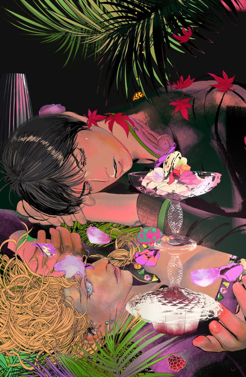 2boys alternate_hairstyle black_hair blonde_hair blue_eyes cnrshd curly_hair dual_persona eyelashes food giorno_giovanna haruno_shiobana highres jojo_no_kimyou_na_bouken ladybug_ornament leaf male_focus maple_leaf multiple_boys parfait petals realistic vento_aureo wing_ornament