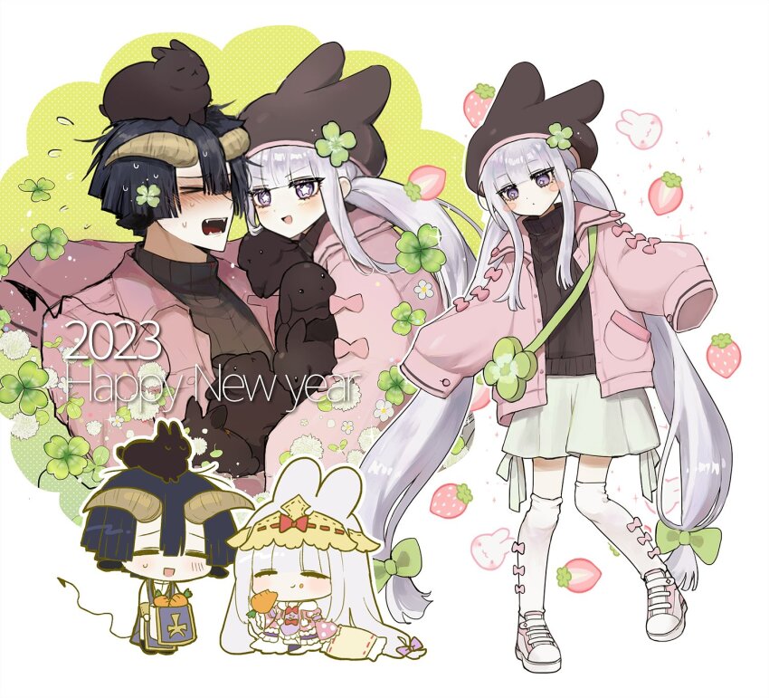 &gt;_&lt; 1boy 1girl 2023 animal animal_ears animal_on_head aurora_sya_lis_kaymin binsusoda black_sweater blush blush_stickers bow chinese_zodiac demon_cleric demon_horns demon_tail green_bow happy_new_year highres horns jacket kemonomimi_mode kneehighs long_hair low-tied_long_hair maou-jou_de_oyasumi new_year on_head open_mouth pink_jacket pink_shoes purple_eyes purple_hair rabbit rabbit_ears rabbit_on_head shoes shorts sneakers socks star-shaped_pupils star_(symbol) sweater symbol-shaped_pupils tail turtleneck turtleneck_sweater twintails very_long_hair white_shorts white_socks year_of_the_rabbit