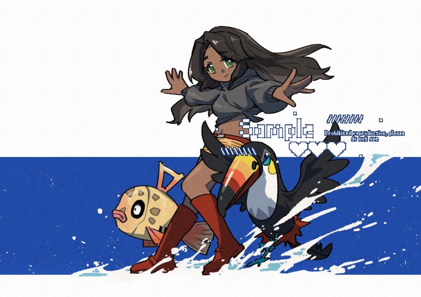 1girl alternate_color beak bird black_feathers brown_hair commission crop_top dark-skinned_female dark_skin feathers feebas fish full_body gen_3_pokemon gen_7_pokemon green_eyes grey_hoodie highres hood hoodie looking_at_viewer navel nintendo outstretched_arms pokemon pokemon_(creature) red_shoes red_socks robinlovesop shiny_pokemon shoes shorts simple_background socks standing toucannon water_drop white_background yellow_shorts