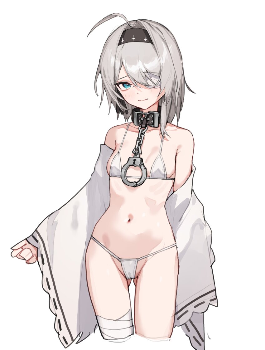 1girl 3: absurdres ahoge bandaged_leg bandages bare_shoulders bikini black_collar black_hairband black_survival blue_eyes breasts closed_mouth collar cropped_legs eternal_return:_black_survival eyepatch gluteal_fold hairband highres jacket looking_at_viewer medical_eyepatch navel off_shoulder open_clothes open_jacket short_hair simple_background sissela_kyle small_breasts solo stomach string_bikini swimsuit thighs tunamayo_(dsasd751) white_background white_bikini white_hair white_jacket wide_sleeves