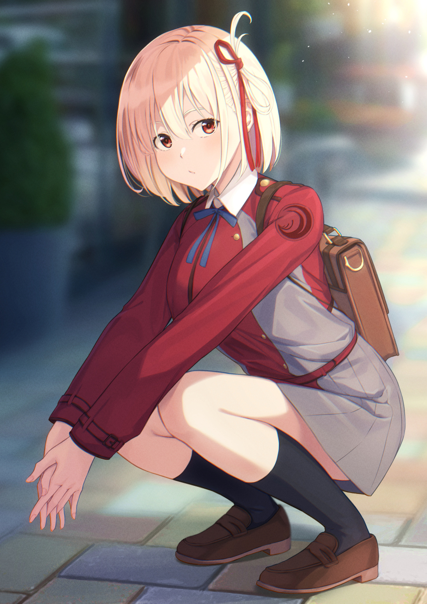 1girl absurdres belt black_socks blonde_hair blue_ribbon brown_bag brown_shoes closed_mouth collared_shirt commentary_request dress full_body grey_dress hair_between_eyes hair_ribbon highres loafers long_sleeves lycoris_recoil lycoris_uniform medium_hair neck_ribbon nishikigi_chisato nuenue outdoors own_hands_together red_belt red_dress red_eyes red_ribbon ribbon shirt shoes socks solo squatting two-tone_dress white_shirt