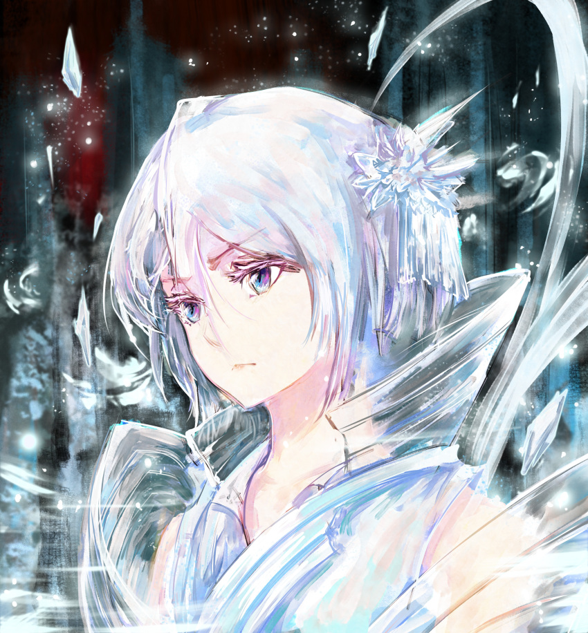 1girl absurdres bankai bare_shoulders bleach bleach:_sennen_kessen-hen blue_eyes close-up closed_mouth collared_dress colored_eyelashes commentary dress eyelashes hair_between_eyes hair_ornament hakka_no_togame_(bankai) highres huijin ice kanzashi kuchiki_rukia looking_ahead official_alternate_costume outdoors ribbon serious short_hair solo traditional_media v-shaped_eyebrows visible_air white_dress white_hair white_ribbon