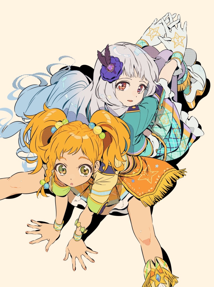 2girls :o aikatsu! aikatsu!_(series) aikatsu_stars! arm_support back-to-back blonde_hair blue_hair blue_skirt blunt_bangs braid commentary drill_hair from_above gloves green_eyes grey_hair hair_bobbles hair_ornament hashtag-only_commentary highres idol_clothes legs_apart long_hair long_sleeves looking_at_viewer looking_back looking_up multicolored_hair multiple_girls nikaido_yuzu open_mouth orange_skirt own_hands_together red_eyes semham shirogane_lily side_braid skirt smile twintails very_long_hair white_gloves