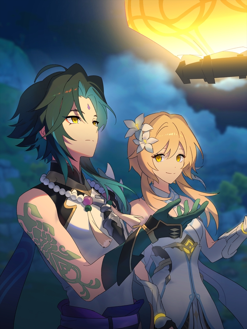 1boy 1girl angduuuu_(ghost) arm_tattoo bead_necklace beads black_hair blonde_hair blurry blurry_background detached_sleeves dress facial_mark flower forehead_mark genshin_impact gloves green_hair hair_between_eyes hair_flower hair_ornament highres jewelry lantern lumine_(genshin_impact) multicolored_hair necklace night outdoors short_hair_with_long_locks tassel tattoo white_dress white_flower xiao_(genshin_impact) yellow_eyes