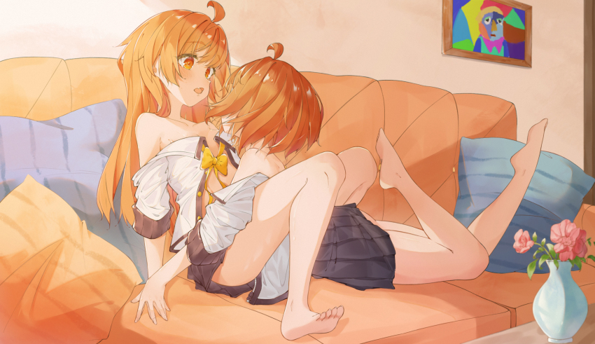 2girls ahoge barefoot between_legs black_skirt bow bowtie commentary_request couch flower highres indoors long_hair multiple_girls on_couch open_clothes open_shirt orange_eyes orange_hair original painting_(object) pink_flower pleated_skirt school_uniform shirt short_hair skirt toes vase white_shirt wo_zhen_te_me_xue_bu_hui_shang_shai yellow_bow yellow_bowtie yuri