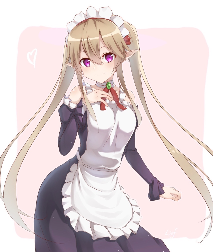 1girl apron black_dress blush closed_mouth collarbone commentary_request detached_sleeves dress elf female_focus fingernails frilled_apron frilled_sleeves frills hair_between_eyes hand_on_own_chest head_tilt heart highres juliet_sleeves light_brown_hair long_hair long_sleeves looking_at_viewer maid maid_apron maid_headdress myucel_foalan nogi_lief outbreak_company pink_background pointy_ears puffy_sleeves purple_eyes sidelocks smile solo twintails two-tone_background very_long_hair white_apron white_background