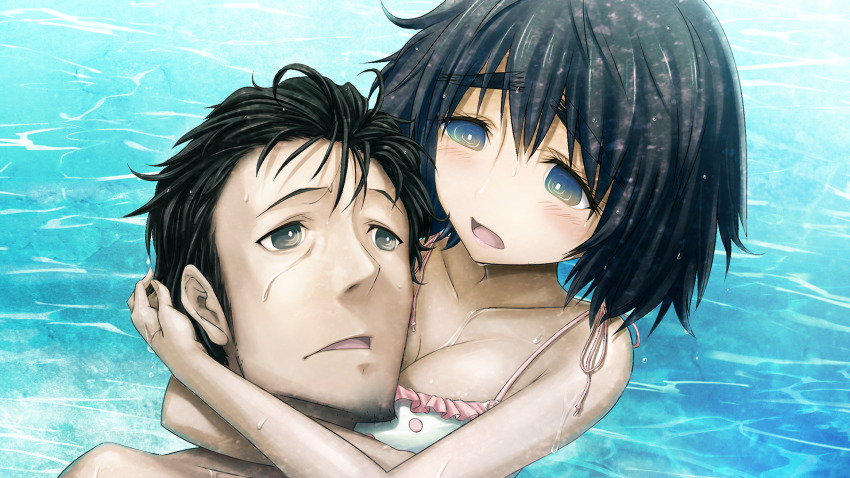1boy 1girl aqua_eyes beard_stubble bikini black_hair blue_eyes blue_hat bob_cut bow breast_pillow breasts cheek-to-breast cheek_press choker collar collarbone day dripping dutch_angle embarrassed facial_hair frilled_bikini frilled_collar frills game_cg grey_eyes hair_between_eyes happy hat hat_bow head_hug head_on_chest highres huke in_water large_breasts light_blush liquid looking_afar looking_at_another messy_hair narrowed_eyes non-web_source nostrils official_art okabe_rintarou open_mouth pink_bikini pink_frills pink_lips polka_dot polka_dot_bikini pool ringed_eyes shiina_mayuri shiny_lips short_hair sideburns square_pupils steins;gate steins;gate:_my_darling&#039;s_embrace stubble swimsuit tareme teeth thick_eyebrows tongue topless_male upper_teeth_only water water_drop wet wet_clothes wet_hair