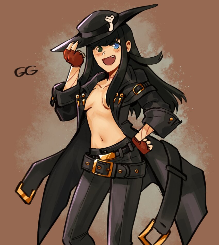1girl belt black_belt black_coat black_eyes black_hair black_pants blue_eyes breasts coat commentary cosplay english_commentary fingerless_gloves gloves guilty_gear guilty_gear_strive hand_on_own_hip hat_tip heterochromia highres johnny_(guilty_gear) johnny_(guilty_gear)_(cosplay) kazunumo looking_at_viewer medium_breasts no_bra open_mouth original pants red_gloves smile solo
