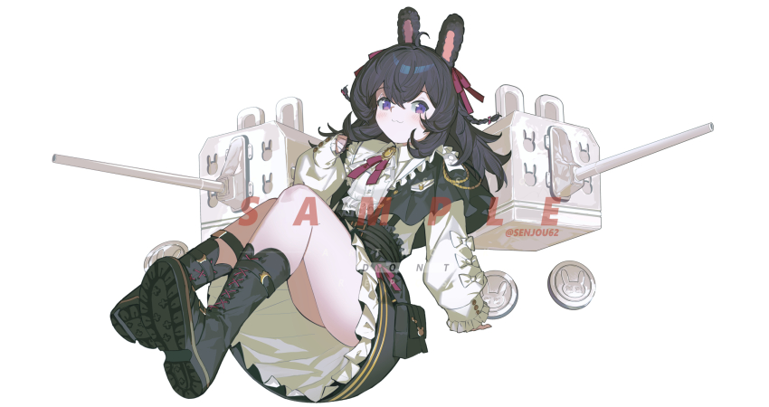 1girl :3 animal_ears ass belt black_bag black_belt black_boots black_capelet black_hair black_skirt blouse boots bow brooch capelet closed_mouth combat_boots commentary commission english_commentary full_body hair_between_eyes hand_up high-waist_skirt highres jewelry lace-up_boots long_hair long_sleeves looking_at_viewer neck_ribbon official_alternate_color official_alternate_costume official_alternate_hair_color petticoat phase_connect pipkin_pippa pipkin_pippa_(shipkin_shippa) puffy_long_sleeves puffy_sleeves purple_eyes rabbit_ears rabbit_girl red_ribbon ribbon rigging sample_watermark sen-jou shirt shirt_bow simple_background sitting skirt solo suspender_skirt suspenders thighs twitter_username virtual_youtuber watermark white_background white_shirt