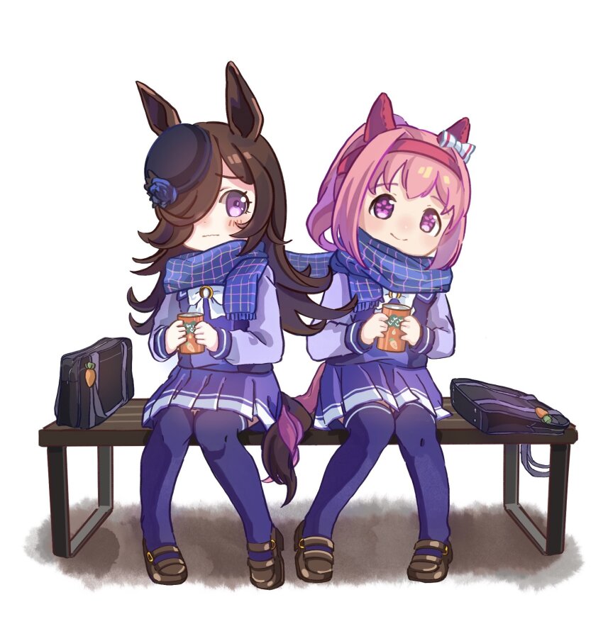 2girls animal_ears bag bench blue_hat blue_scarf blush bow bowtie brown_hair brown_shoes closed_mouth commentary_request cup ear_bow ear_covers full_body hair_over_one_eye haru_urara_(umamusume) hat headband highres holding holding_cup horse_ears horse_girl horse_tail long_hair long_sleeves moko39_takasora multiple_girls on_bench pink_hair pink_headband pleated_skirt purple_shirt purple_skirt purple_thighhighs rice_shower_(umamusume) scarf school_bag school_uniform shirt shoes short_hair simple_background sitting skirt smile tail thighhighs tracen_school_uniform umamusume white_background white_bow white_bowtie