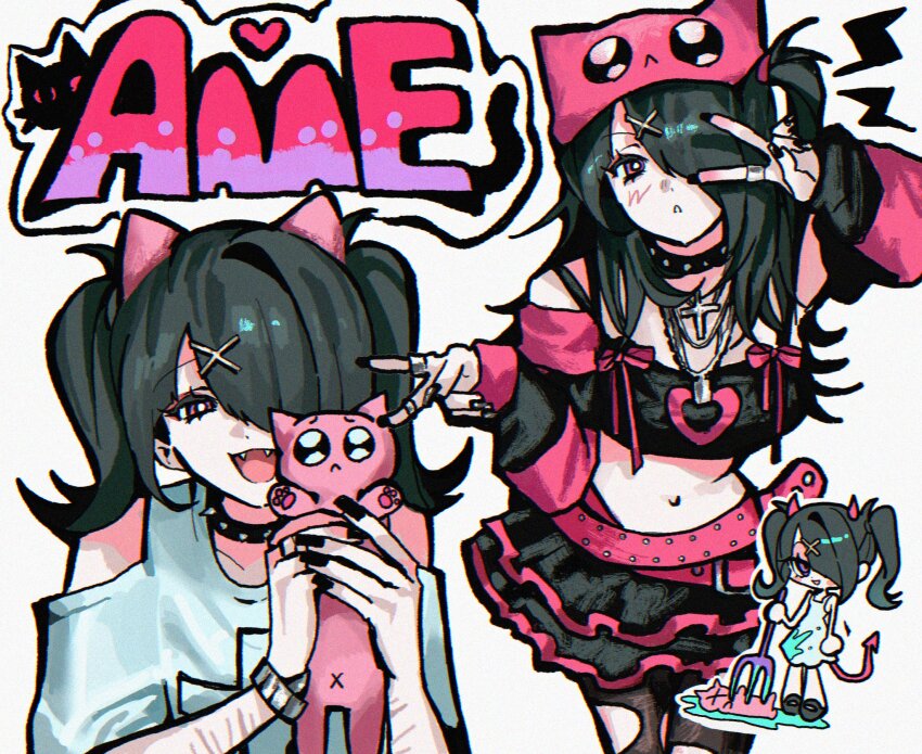 1girl alternate_costume ame-chan_(needy_girl_overdose) animal animal_hat bad_id bad_twitter_id beanie black_hair black_skirt bracelet cat cat_hat character_name collar crop_top detached_sleeves double_v fangs hair_ornament hair_over_one_eye hat highres holding holding_animal holding_cat jewelry long_hair long_sleeves looking_at_viewer multiple_views nail_polish navel necklace needy_girl_overdose open_mouth pien_cat_(needy_girl_overdose) pink_hat self-harm_scar simple_background skirt smile spiked_collar spikes standing twintails v v_over_eye white_background x_hair_ornament x_x_(batttsu_404)