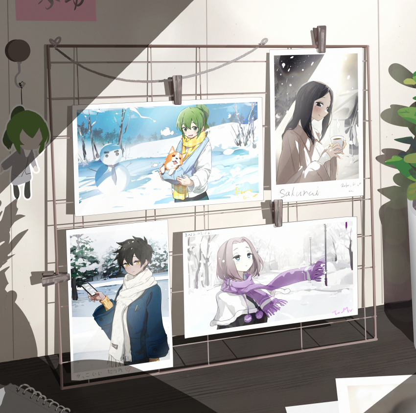 4girls animal black_eyes black_hair blue_coat blue_eyes brown_hair coat cup dog green_eyes green_hair hair_between_eyes highres holding holding_animal holding_cup holding_dog holding_phone igarashi_futaba kurobe_natsumi long_hair medium_hair mo0o0rae multiple_girls parted_bangs phone photo_(object) purple_scarf sakurai_touko scarf senpai_ga_uzai_kouhai_no_hanashi short_hair snow snowman sweater tsukishiro_mona white_coat white_scarf winter yellow_eyes yellow_scarf yellow_sweater