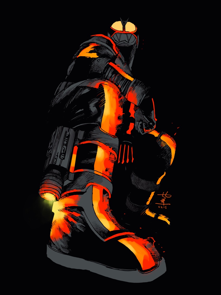 1boy absurdres arm_on_knee black_background dark from_below glowing glowing_lines highres kamen_rider kamen_rider_555 kamen_rider_faiz leg_focus male_focus manabu_yashiro signature
