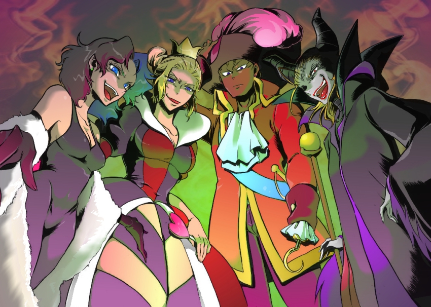 101_dalmatians 1990s_(style) 2boys 2girls alice_in_wonderland bare_shoulders blonde_hair blue_eyes captain_hook captain_hook_(cosplay) cefca_palazzo celes_chere colored_skin cosplay crown cruella_de_vil cruella_de_vil_(cosplay) dark_skin disney dress earrings elbow_gloves final_fantasy final_fantasy_vi gloves hat hook horns jewelry leo_cristophe long_hair maleficent maleficent_(cosplay) marimo_(yousei_ranbu) multiple_boys multiple_girls open_mouth purple_eyes purple_hair queen_of_hearts_(alice_in_wonderland) queen_of_hearts_(cosplay) red_eyes retro_artstyle robe sleeping_beauty tina_branford walt_disney&#039;s_peter_pan white_skin