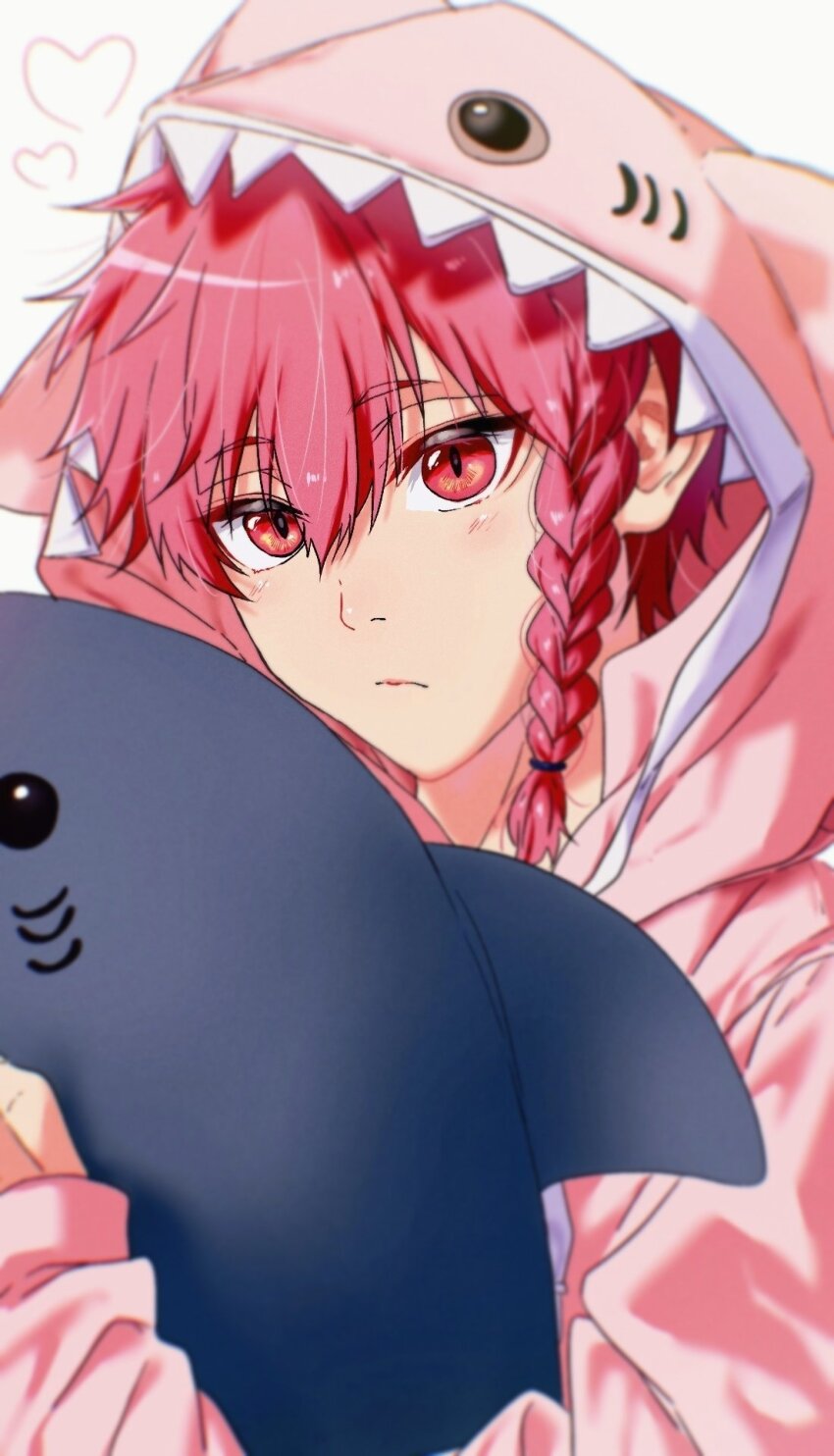 1boy alternate_costume animal_costume bl_111252 blue_lock braid closed_mouth hair_between_eyes highres kurona_ranze light_blush long_sleeves looking_at_viewer male_focus red_eyes red_hair shark_costume short_hair side_braid simple_background single_braid solo stuffed_animal stuffed_shark stuffed_toy upper_body white_background