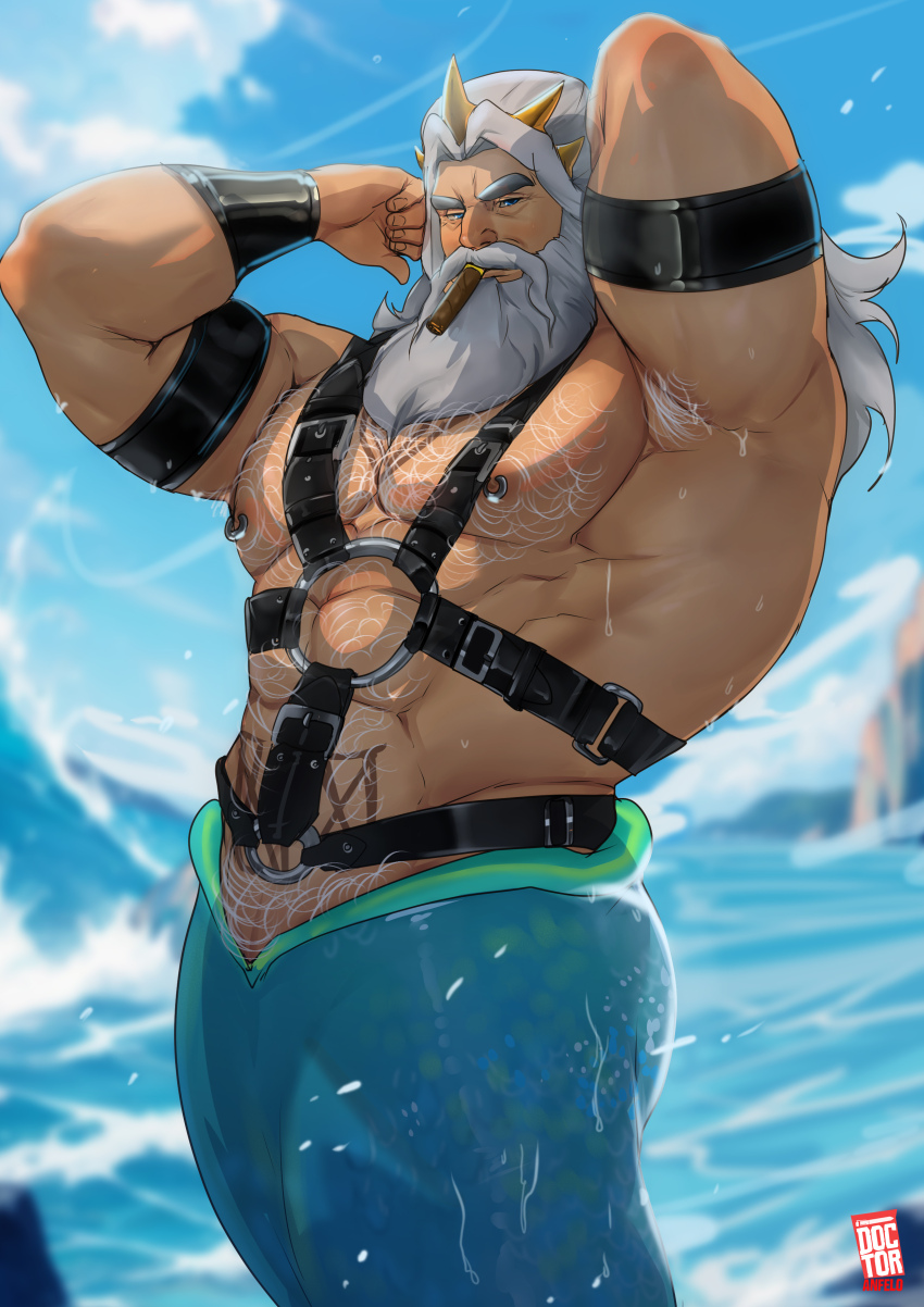 1boy 2024 absurdres arm_hair bara beard blue_eyes blurry blurry_background body_hair broad_shoulders chest_hair chest_tattoo clear_sky crown day disney doctor_anfelo facial_hair fins fish_tail grey_beard grey_hair highres king_triton_(disney) leather leather_strap long_beard long_hair merman monster_boy muscular muscular_male mustache ocean old old_man signature sky tail tattoo the_little_mermaid_(disney) thick_mustache very_long_beard