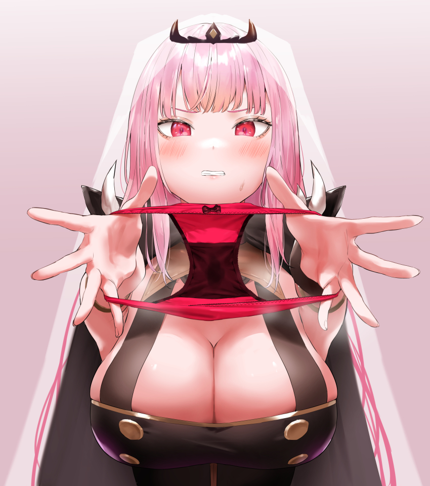 1girl absurdres black_cloak black_dress blush bow bow_panties breasts clenched_teeth cloak dress hands_up highres holding holding_panties holding_underwear holding_unworn_clothes hololive hololive_english kuroi_suna large_breasts long_hair looking_at_viewer mori_calliope mori_calliope_(1st_costume) outstretched_arms panties pink_hair presenting_removed_panties red_eyes red_panties revision simple_background sleeveless sleeveless_dress solo stained_panties teeth tiara underwear unworn_panties upper_body veil virtual_youtuber
