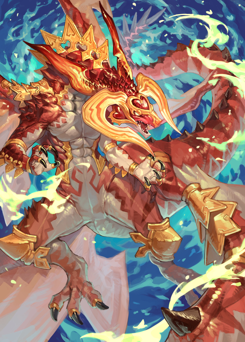 absurdres animal_focus blue_background bracelet claws dragon energy full_body highres horns jewelry knee_pads monster multiple_wings no_humans open_mouth original scales sharp_teeth solo tail tapioka_chaso teeth wing_armor wings