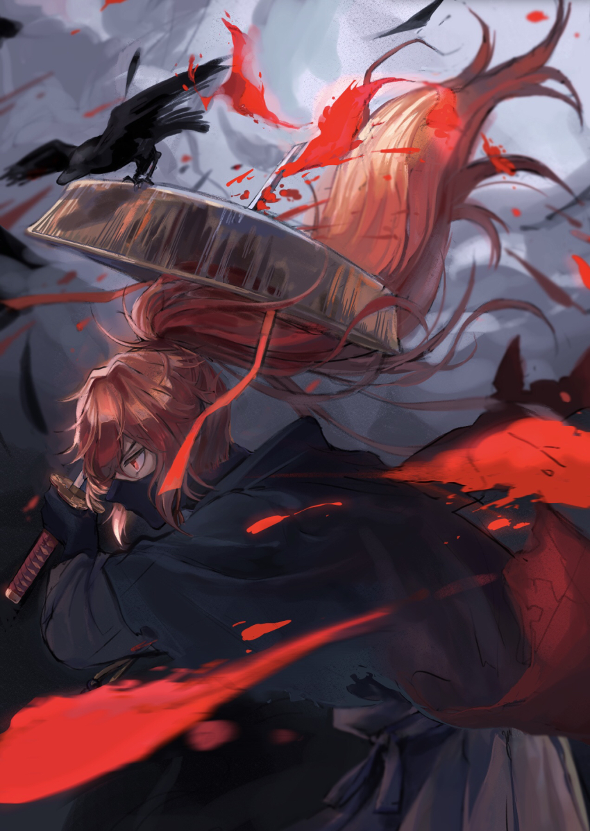 1boy bird black_cloak black_gloves black_mask blood cloak crow fate/grand_order fate_(series) from_side gloves glowing glowing_eyes grey_hakama hakama hat highres holding holding_sword holding_weapon japanese_clothes kabocha_sarada katana leaning_forward long_hair male_focus mask mouth_mask okada_izou_(fate) okada_izou_(second_ascension)_(fate) ponytail red_eyes red_hair solo sword upper_body weapon