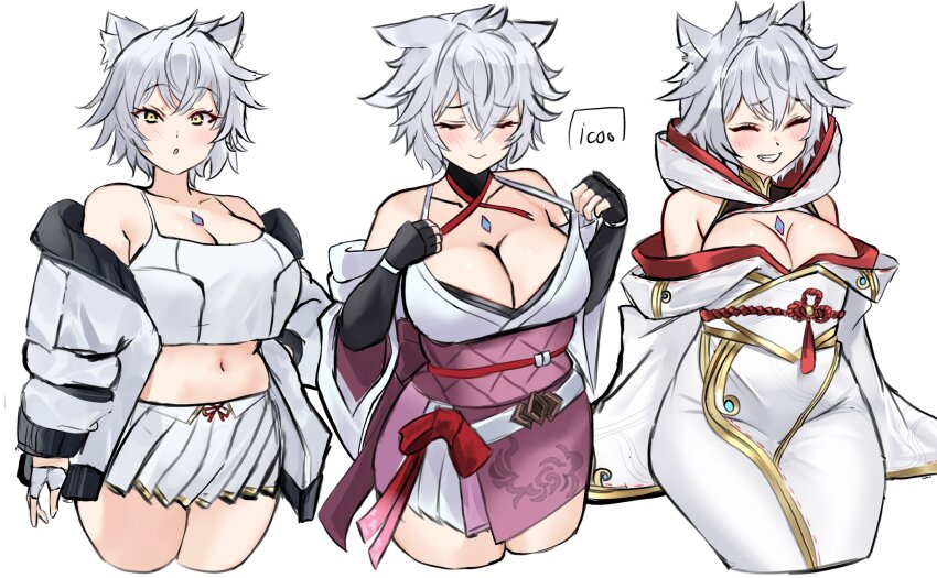 1girl alternate_costume animal_ears breasts camisole cat_ears cat_girl chest_jewel cleavage commission core_crystal_(xenoblade) cosplay curvy fingerless_gloves glimmer_(xenoblade) glimmer_(xenoblade)_(cosplay) gloves highres icoo jacket japanese_clothes large_breasts looking_at_viewer messy_hair mio_(xenoblade) mio_(xenoblade)_(cosplay) monolith_soft na&#039;el_(xenoblade) navel nia_(xenoblade) nia_(xenoblade)_(cosplay) obi sash short_hair skirt smile stomach tank_top white_camisole white_jacket white_skirt white_tank_top xeno_(series) xenoblade_chronicles_(series) xenoblade_chronicles_3 xenoblade_chronicles_3:_future_redeemed yellow_eyes