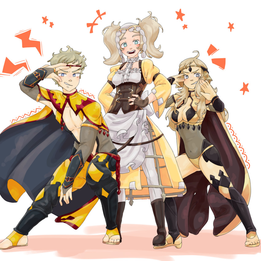1boy 2girls black_cape black_thighhighs blonde_hair blue_eyes bodystocking boots breasts bridal_gauntlets brown_cape cape circlet cleavage covered_navel dress family father_and_daughter fighting_stance fingerless_gloves fire_emblem fire_emblem_awakening fire_emblem_fates fire_emblem_heroes gloves grandmother_and_granddaughter grey_eyes grin highres lightning_bolt_symbol lissa_(fire_emblem) long_hair medium_breasts mother_and_son multiple_girls navel nintendo occultoctoling odin_(fire_emblem) open-toe_shoes open_mouth ophelia_(fire_emblem) owain_(fire_emblem) panties pants shadow short_hair smile star_(symbol) teeth thighhighs time_paradox twintails two-sided_fabric two-tone_cape underwear white_background white_pants yellow_cape yellow_dress yellow_panties