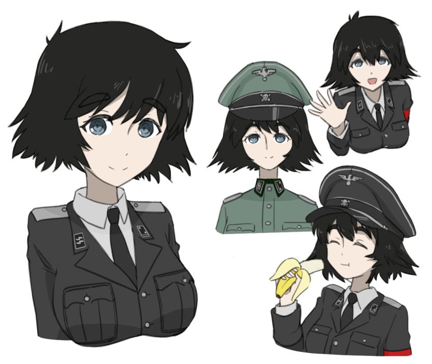 1girl armband banana black_cat03 black_hair black_necktie breast_pocket breasts buttons collar_tabs commission eating food fruit germany happy hat hat_ornament jacket long_sleeves looking_at_viewer military military_dress_uniform military_uniform nazi necktie open_mouth original peaked_cap pocket red_armband reichsadler shiina_mayuri shirt short_hair siegrunen skull_hat_ornament smile soldier solo ss_insignia ss_uniform steins;gate swastika totenkopf waffen-ss waving white_undershirt world_war_ii