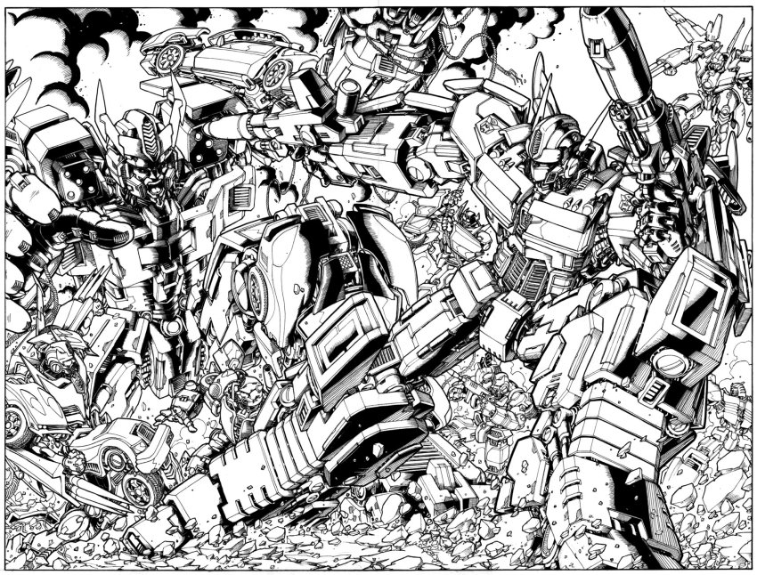arm_cannon autobot bumblebee_(transformers) cable clenched_hand cliffjumper commentary decepticon don_allan_figueroa dual_wielding english_commentary fighting flying greyscale gun highres holding holding_gun holding_weapon hot_rod_(transformers) jetfire mecha menasor monochrome optimus_prime prowl_(transformers) robot rock science_fiction sideswipe smoke transformers v-fin weapon