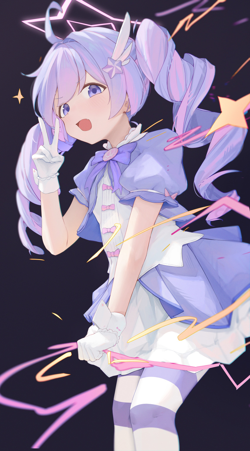 1girl absurdres ahoge black_background blue_archive blush bow bowtie chinese_commentary clenched_hand commentary dress drill_hair eiyuo fang feet_out_of_frame gloves hair_ornament halo hand_up highres jacket long_hair looking_at_viewer magical_girl multicolored_hair official_alternate_costume official_alternate_hairstyle open_mouth pantyhose pink_bow pink_hair pink_halo puffy_short_sleeves puffy_sleeves purple_bow purple_bowtie purple_dress purple_eyes purple_hair purple_jacket purple_pantyhose reisa_(blue_archive) reisa_(magical)_(blue_archive) short_sleeves smile solo star_(symbol) star_hair_ornament star_halo striped_clothes striped_pantyhose twin_drills twintails two-tone_dress two-tone_hair v white_dress white_gloves white_wrist_cuffs wing_hair_ornament wrist_cuffs