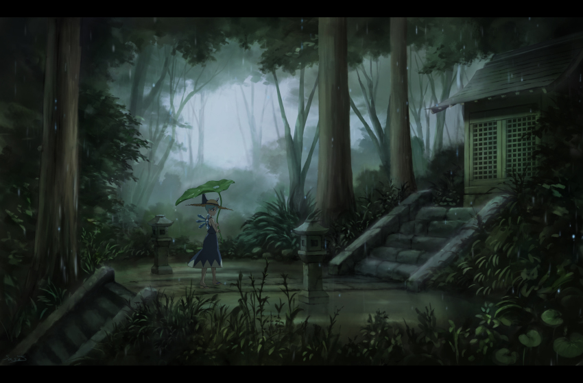 1girl absurdres artist_name blue_dress blue_eyes blue_hair blush blush_stickers bow cirno dress fairy_wings female_focus flip-flops fog forest grass hat hat_bow highres ice ice_wings leaf leaf_umbrella letterboxed matching_hair/eyes nature outdoors plant rain sandals sasaj scenery short_hair sleeveless sleeveless_dress solo touhou tree water_drop wings