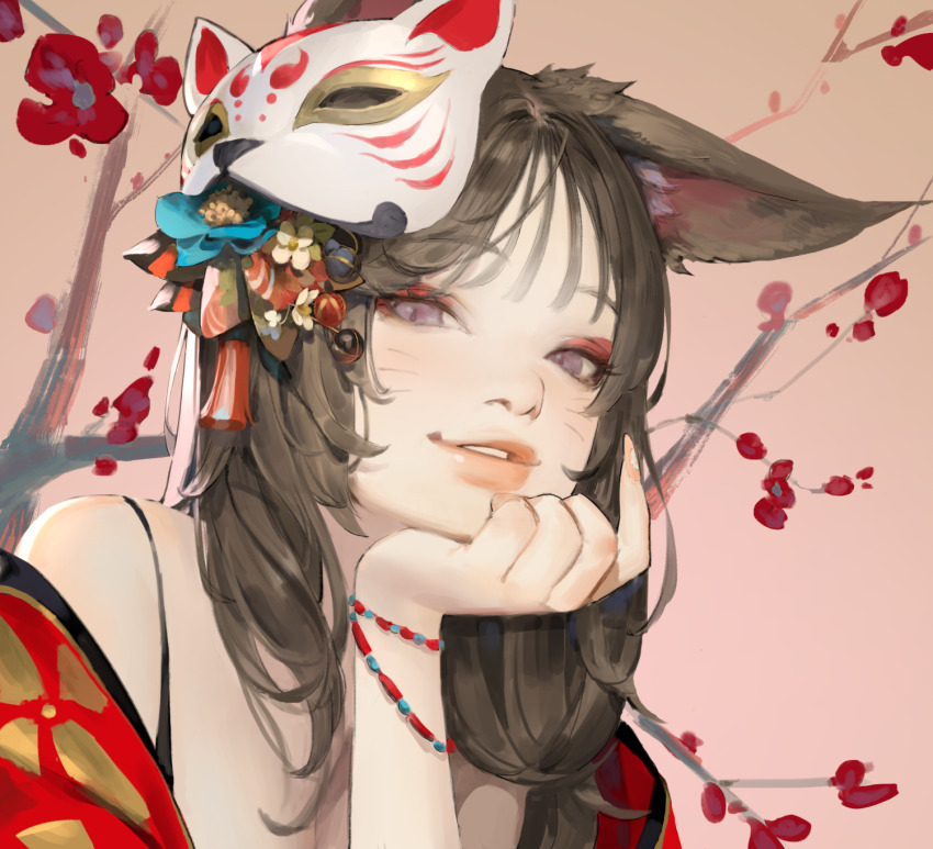 1girl animal_ears black_hair blue_flower bracelet branch commentary dated_commentary english_commentary facial_mark fingernails flower fox_ears fox_girl fox_mask hand_on_own_chin highres japanese_clothes jewelry jung_wonjo kimono lips long_fingernails long_hair looking_at_viewer mask original parted_lips pink_background portrait purple_eyes red_flower red_kimono solo tassel teeth whisker_markings yellow_flower