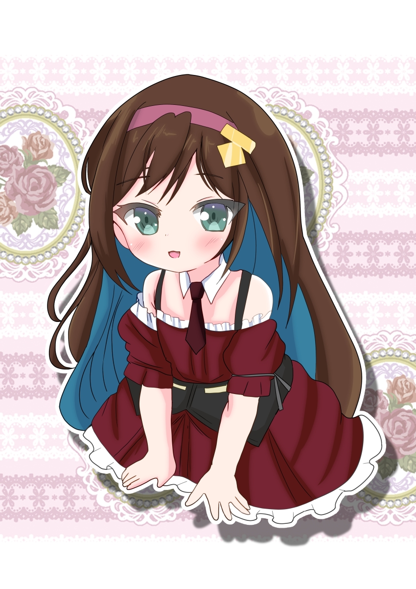 1girl absurdres aged_down aqua_eyes assault_lily bare_shoulders blue_hair blush brown_hair brown_necktie child colored_inner_hair commentary_request detached_collar detached_sleeves doily dress drop_shadow ebisu_nobu floral_background flower frilled_dress frilled_sleeves frills full_body grey_ribbon hairband highres ishizuka_fujino kanba_girls_high_school_uniform long_hair looking_at_viewer multicolored_hair necktie parted_lips pink_background pink_hairband red_flower red_rose rose school_uniform short_necktie short_sleeves sitting sleeve_ribbon sleeveless sleeveless_dress smile solo two-tone_background two-tone_hair underbust very_long_hair white_background