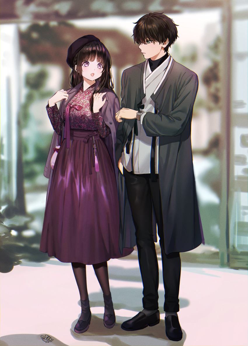 1boy 1girl artist_logo black_hair blurry blurry_background breasts casual chitanda_eru commentary_request couple dress full_body green_eyes highres hyouka large_breasts logo long_hair long_sleeves looking_at_another mery_(yangmalgage) open_mouth oreki_houtarou outdoors pants pantyhose purple_eyes shoes short_hair standing urban watch wristwatch