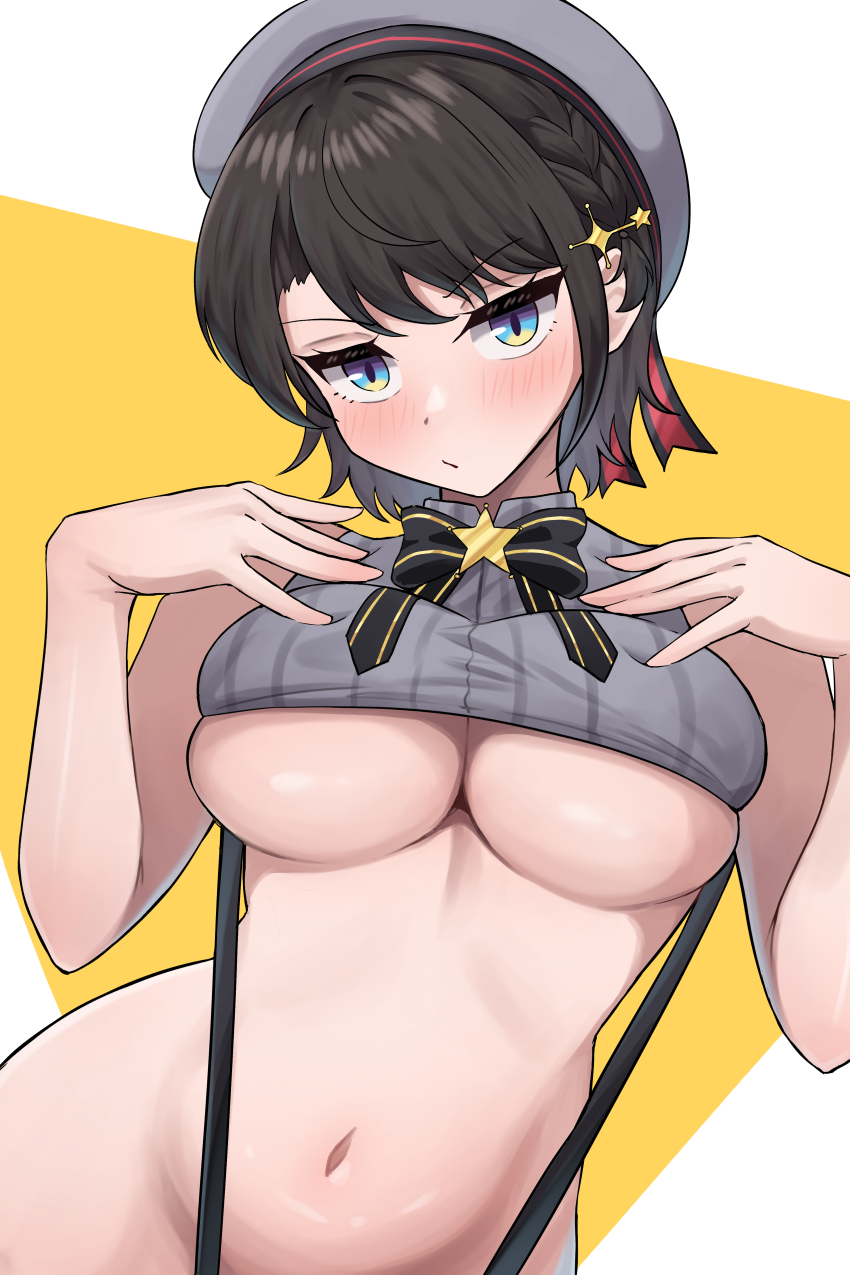 1girl absurdres beret black_bow black_bowtie black_hair bow bowtie breasts grey_hat grey_shirt hashira_14 hat highres hololive large_breasts looking_at_viewer navel official_alternate_costume oozora_subaru oozora_subaru_(suspenders) shirt short_hair sleeveless sleeveless_shirt solo stomach striped_clothes striped_shirt suspenders underboob vertical-striped_clothes vertical-striped_shirt virtual_youtuber