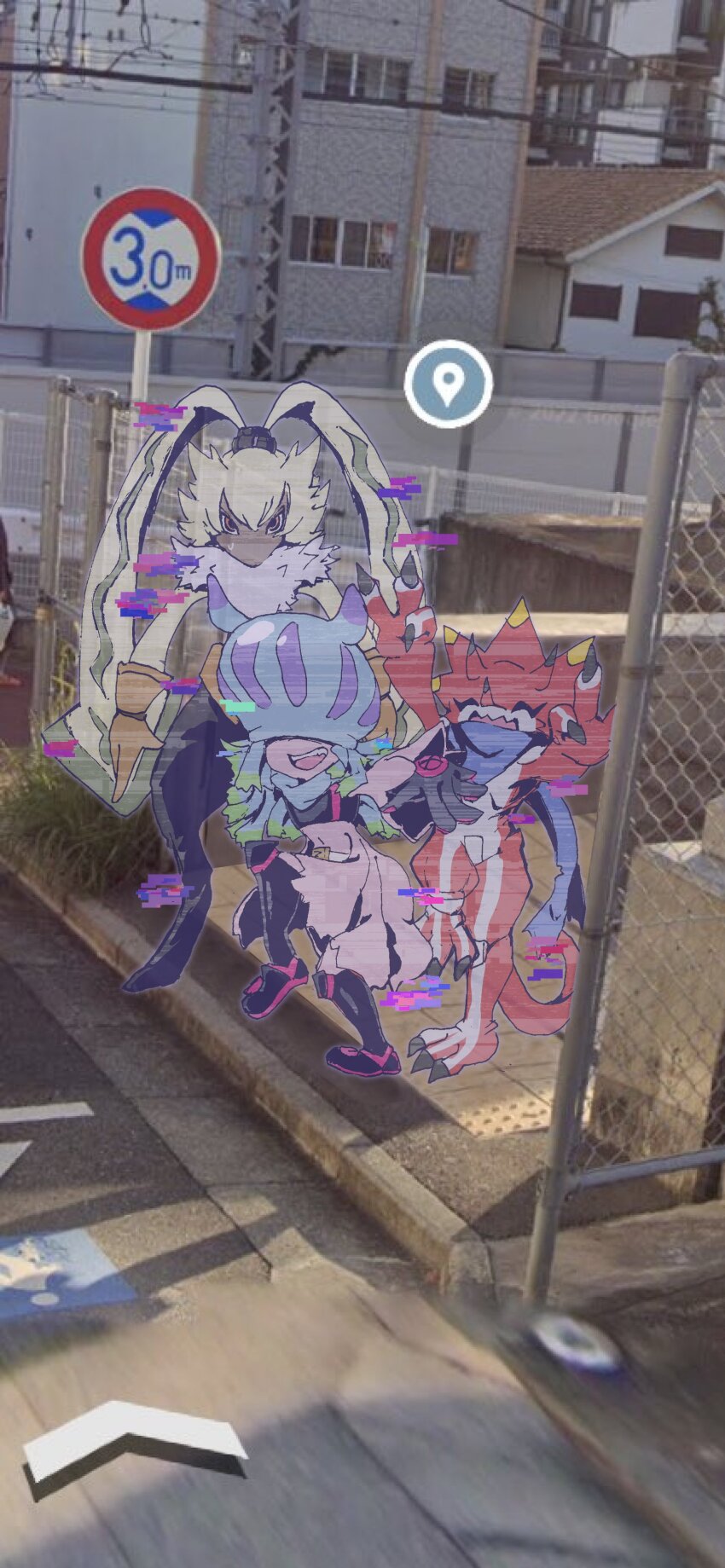 absurdres betelgammamon digimon digimon_(creature) dinosaur_boy highres jellyfish_girl meme monster_girl no_eyes rabbit_boy symbareangoramon tentacle_hair tentacles teslajellymon